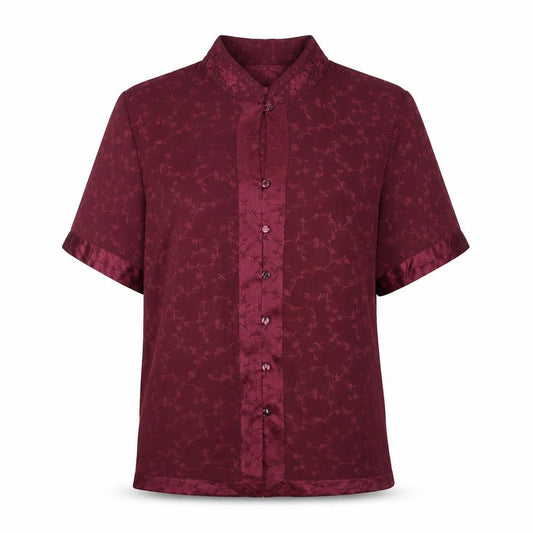 Front view of Marks & Spencer women’s purple floral polyester basic button-up, size UK 12, round neck