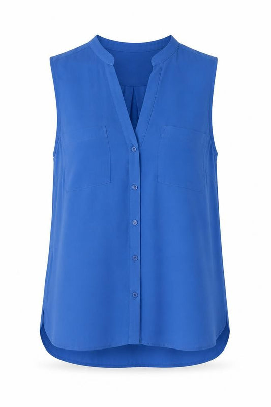 Front view of New Look women’s blue polyester basic button-up, size UK 10, v-neck