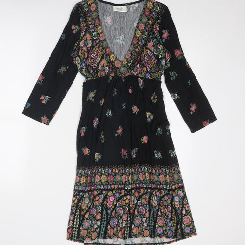 Wallis Womens Black Floral Viscose A-Line Size 10 V-Neck Pullover