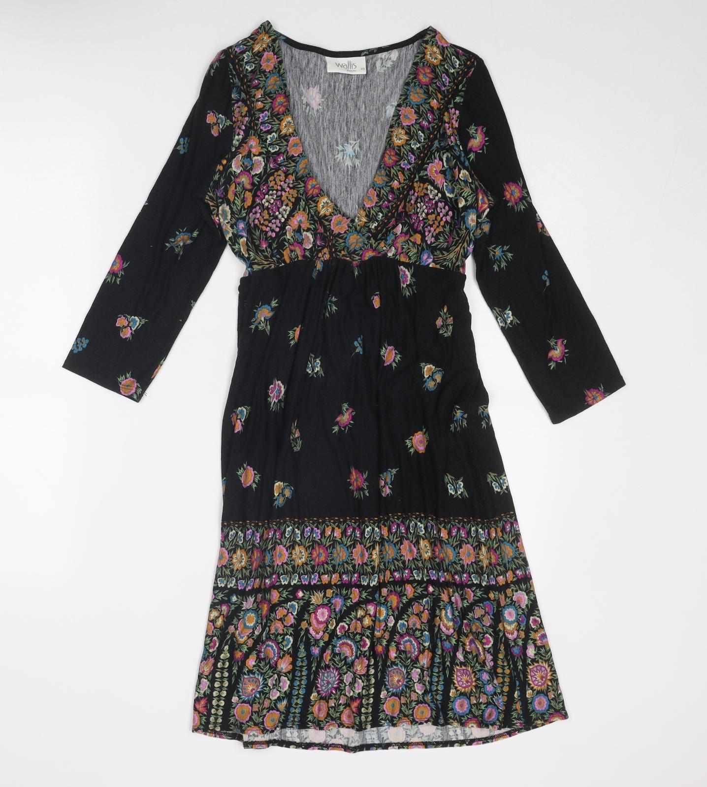 Wallis Womens Black Floral Viscose A-Line Size 10 V-Neck Pullover