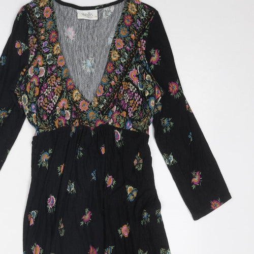 Wallis Womens Black Floral Viscose A-Line Size 10 V-Neck Pullover