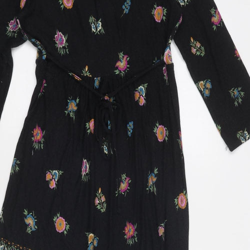 Wallis Womens Black Floral Viscose A-Line Size 10 V-Neck Pullover