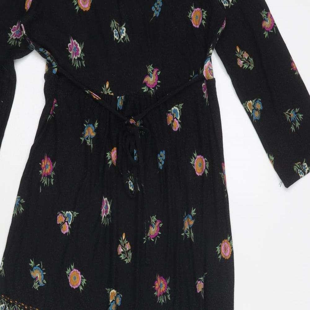 Wallis Womens Black Floral Viscose A-Line Size 10 V-Neck Pullover