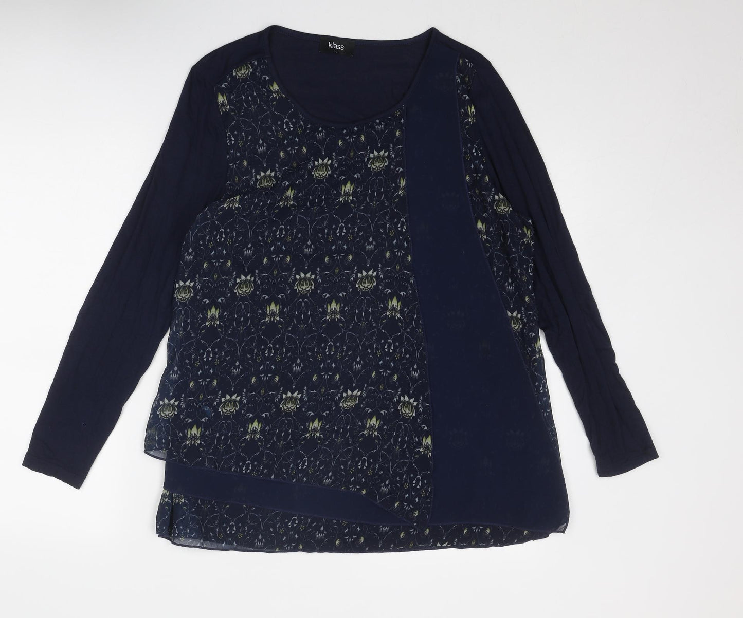 Klass Womens Blue Geometric Polyester Basic Blouse Size L Boat Neck