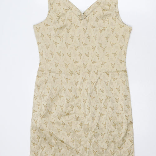 BHS Womens Beige Floral Polyester A-Line Size 16 V-Neck Zip