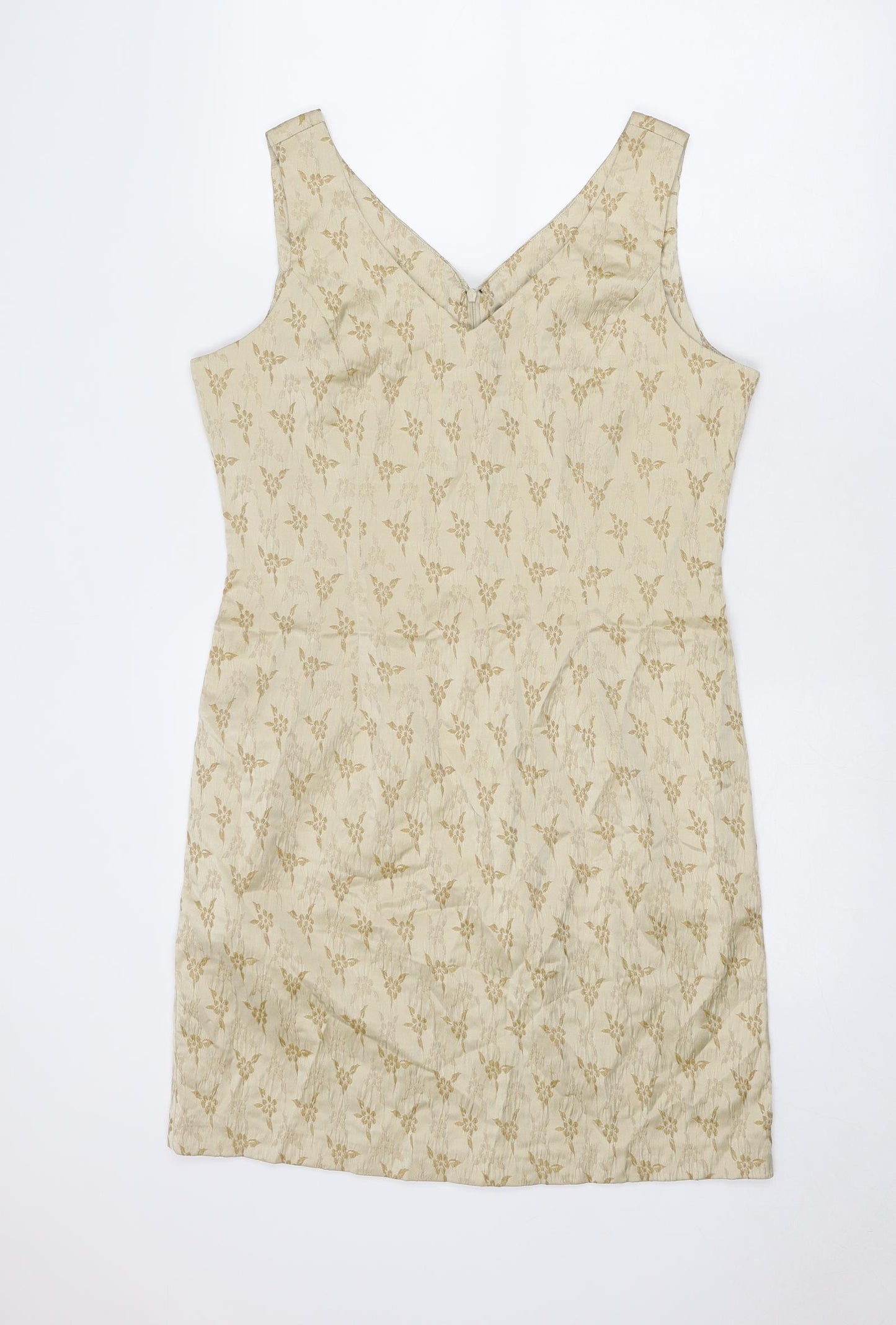 BHS Womens Beige Floral Polyester A-Line Size 16 V-Neck Zip