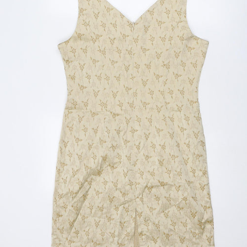 BHS Womens Beige Floral Polyester A-Line Size 16 V-Neck Zip