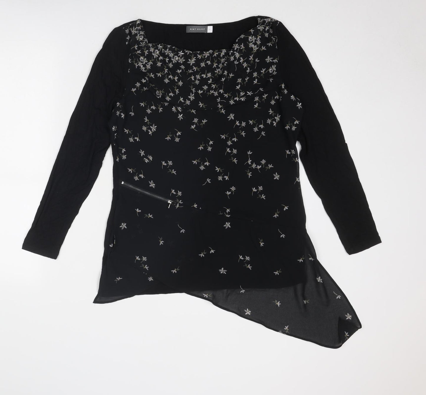 Mint Velvet Womens Black Floral Viscose Basic Blouse Size 14 Boat Neck - Asymmetric