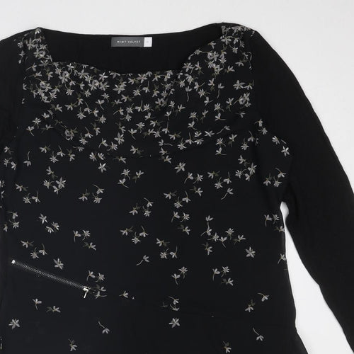 Mint Velvet Womens Black Floral Viscose Basic Blouse Size 14 Boat Neck - Asymmetric