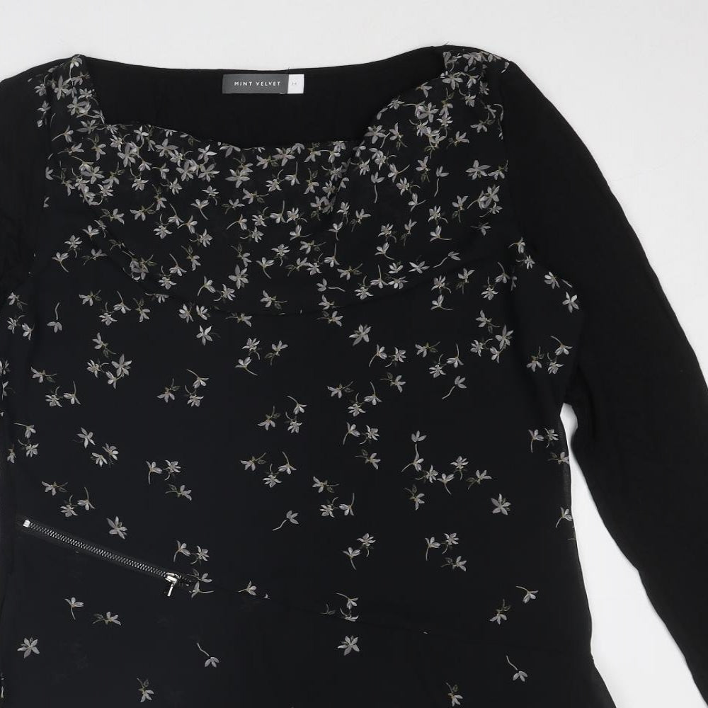 Mint Velvet Womens Black Floral Viscose Basic Blouse Size 14 Boat Neck - Asymmetric