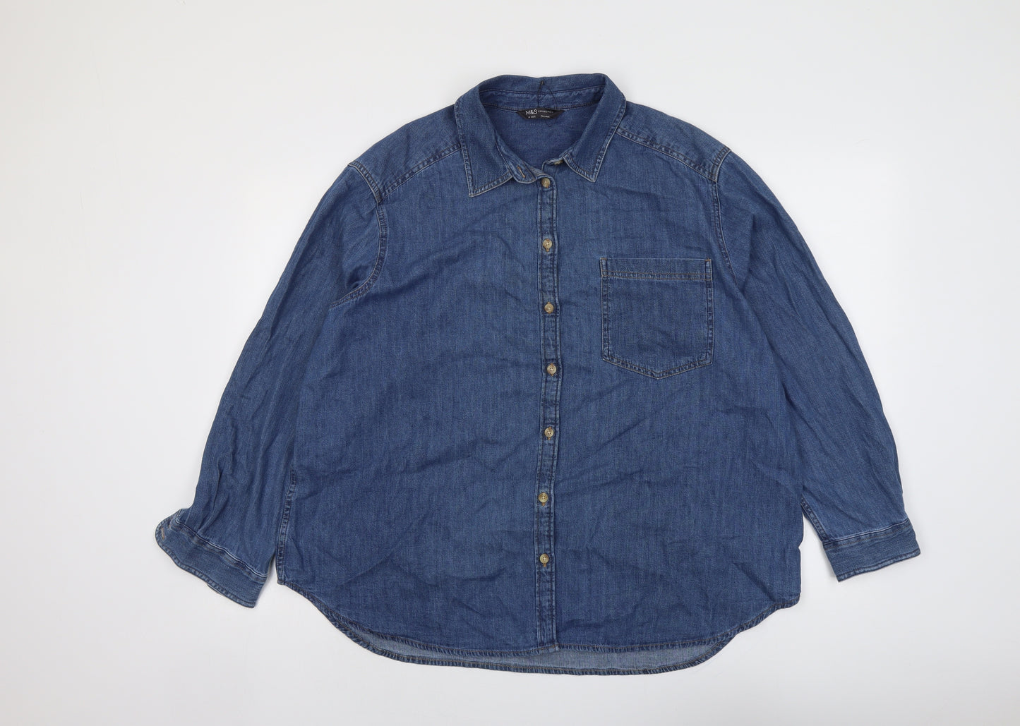 Marks and Spencer Womens Blue Cotton Basic Button-Up Size 18 Collared