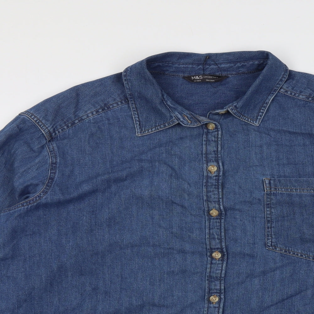 Marks and Spencer Womens Blue Cotton Basic Button-Up Size 18 Collared