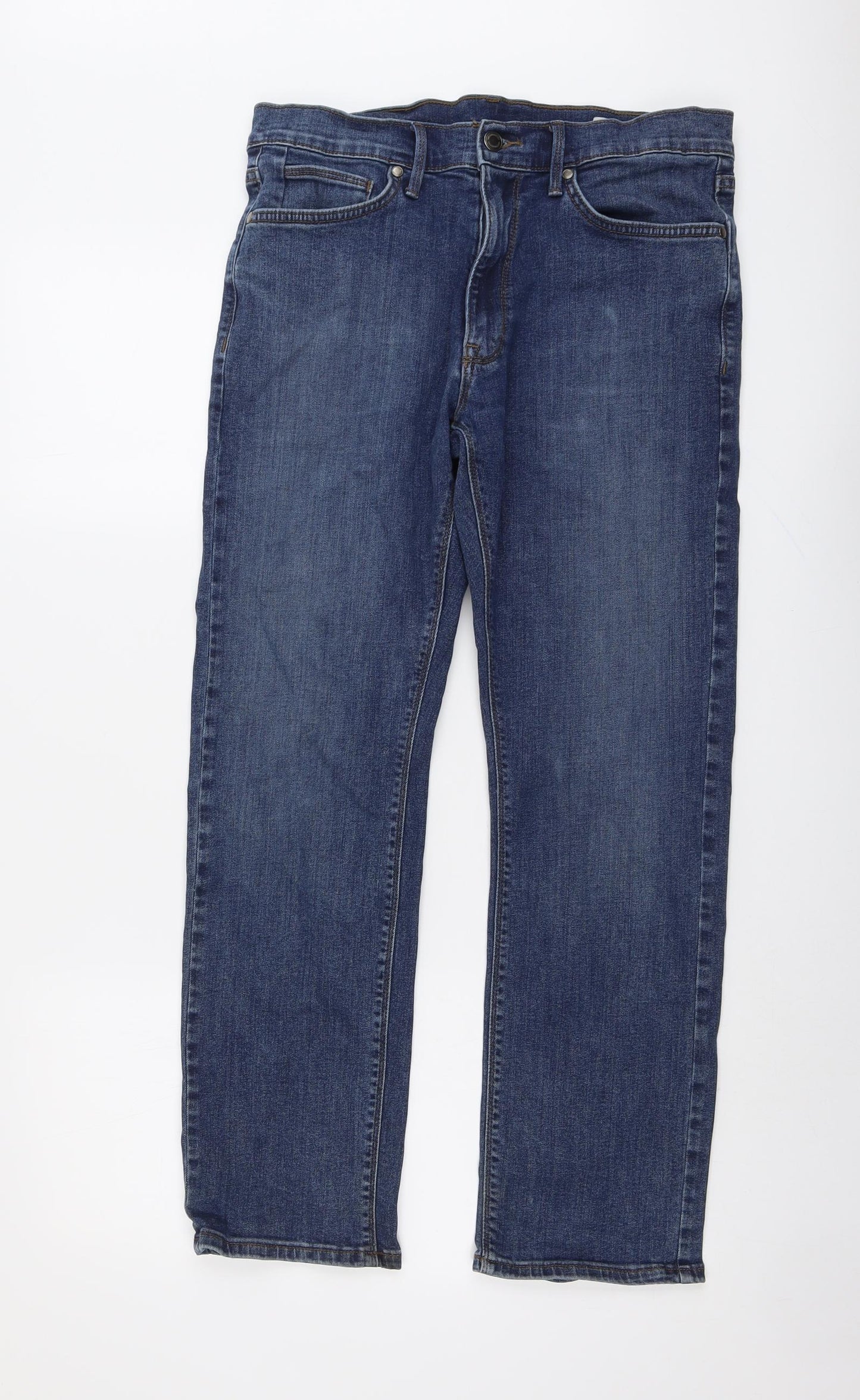 Marks and Spencer Mens Blue Cotton Straight Jeans Size 32 in L29 in Regular Button
