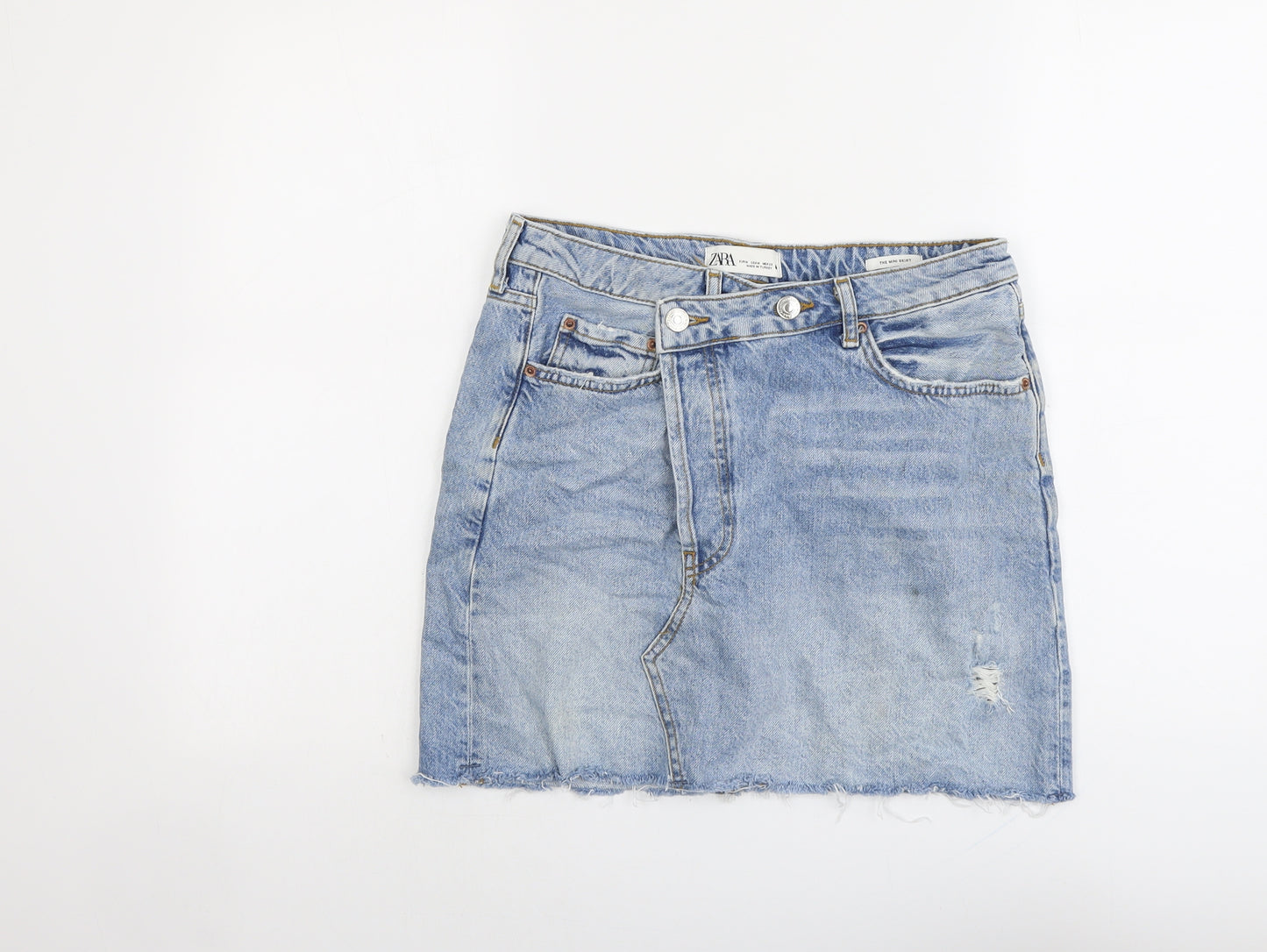 Zara Womens Blue Cotton A-Line Skirt Size M Button