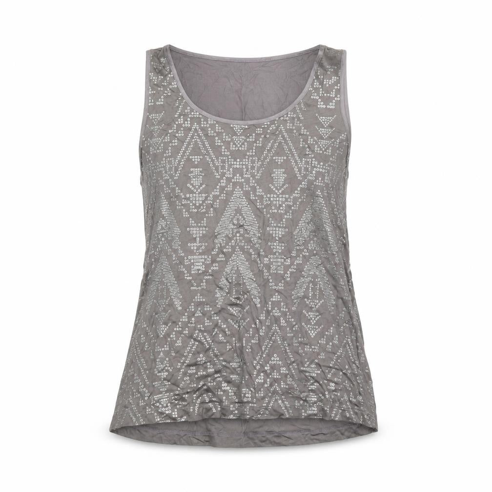 Front view of Autograph women’s grey geometric viscose basic tank, size UK 10, scoop neck