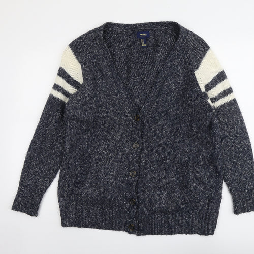 FOREVER 21 Womens Blue V-Neck Geometric Polyester Cardigan Jumper Size M