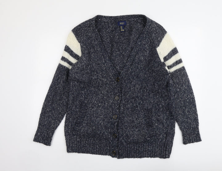 FOREVER 21 Womens Blue V-Neck Geometric Polyester Cardigan Jumper Size M