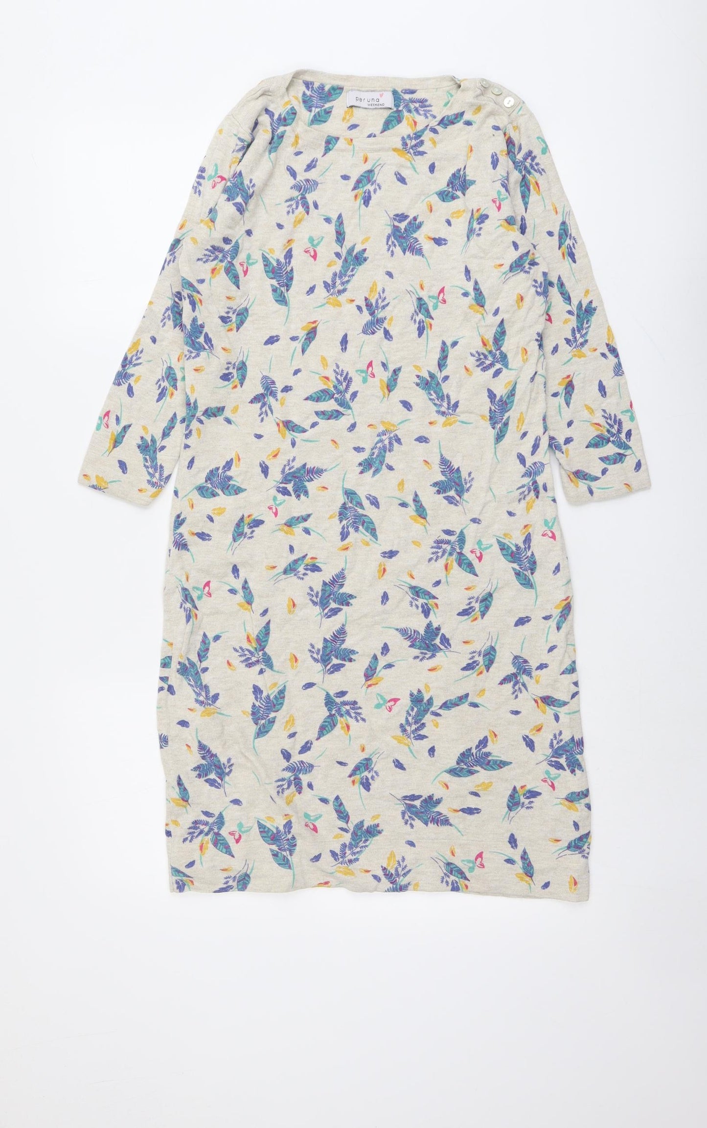 Marks and Spencer Womens Beige Floral Cotton Jumper Dress Size 8 Round Neck Pullover