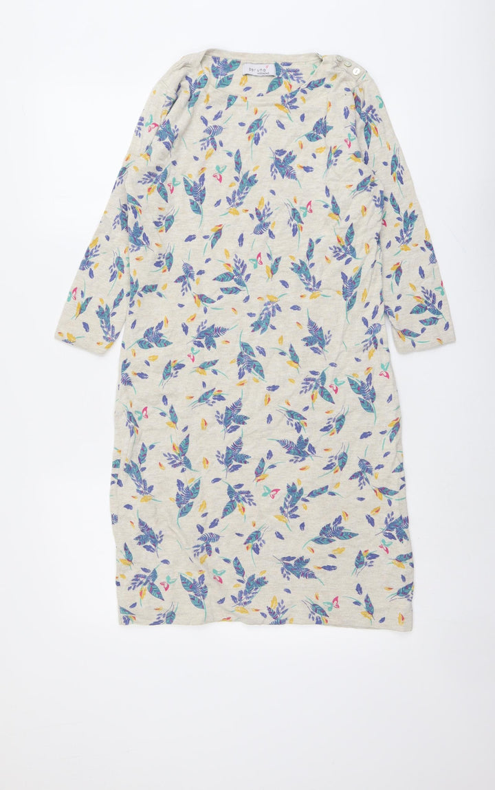 Marks and Spencer Womens Beige Floral Cotton Jumper Dress Size 8 Round Neck Pullover