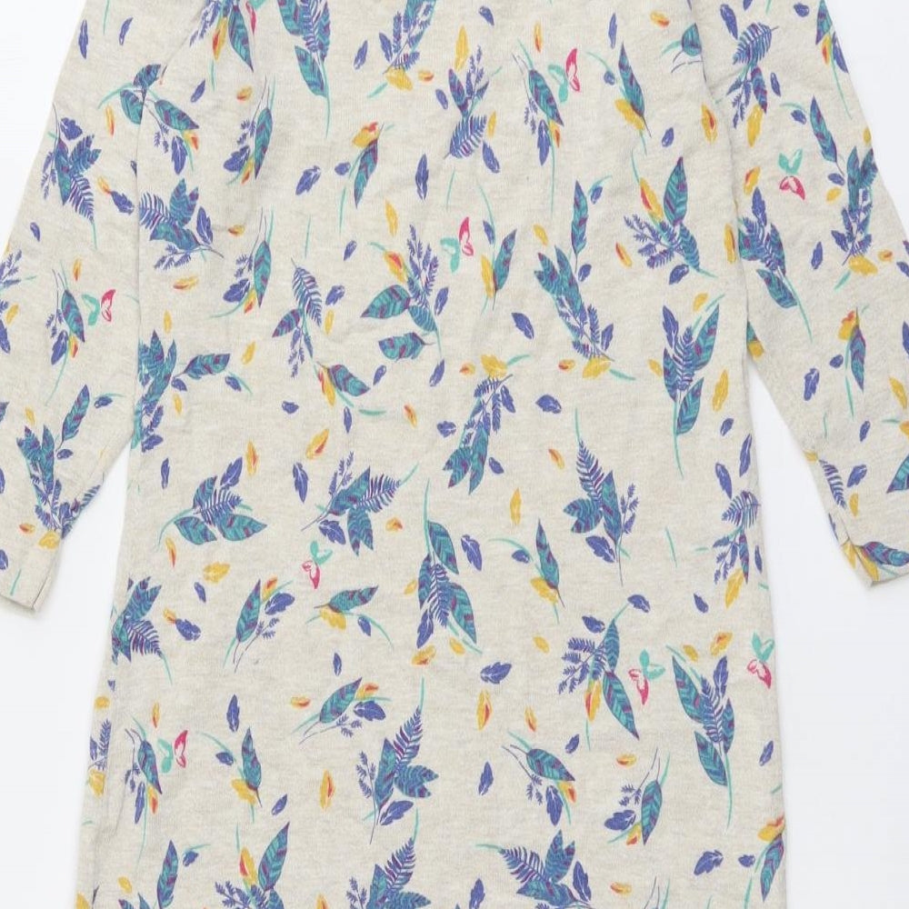 Marks and Spencer Womens Beige Floral Cotton Jumper Dress Size 8 Round Neck Pullover