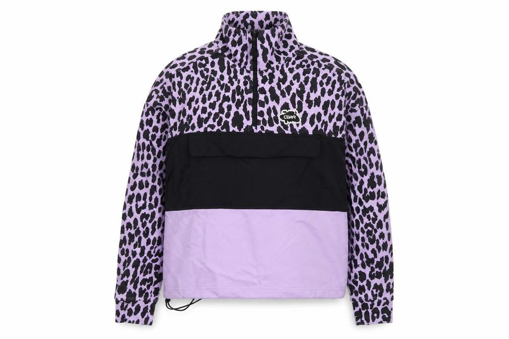 Front view of Colourwear women’s purple animal print cotton pullover sweatshirt, size S, zip - leopard pattern