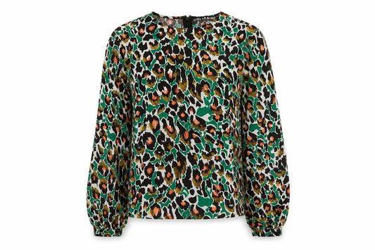 Front view of Girl in Mind women’s multicoloured animal print polyester basic blouse, size UK 8, boat neck