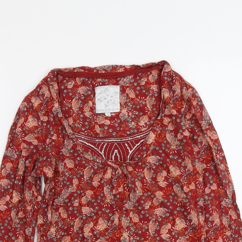 RJR.John Rocha Womens Red Geometric Cotton Basic Blouse Size 8 Scoop Neck
