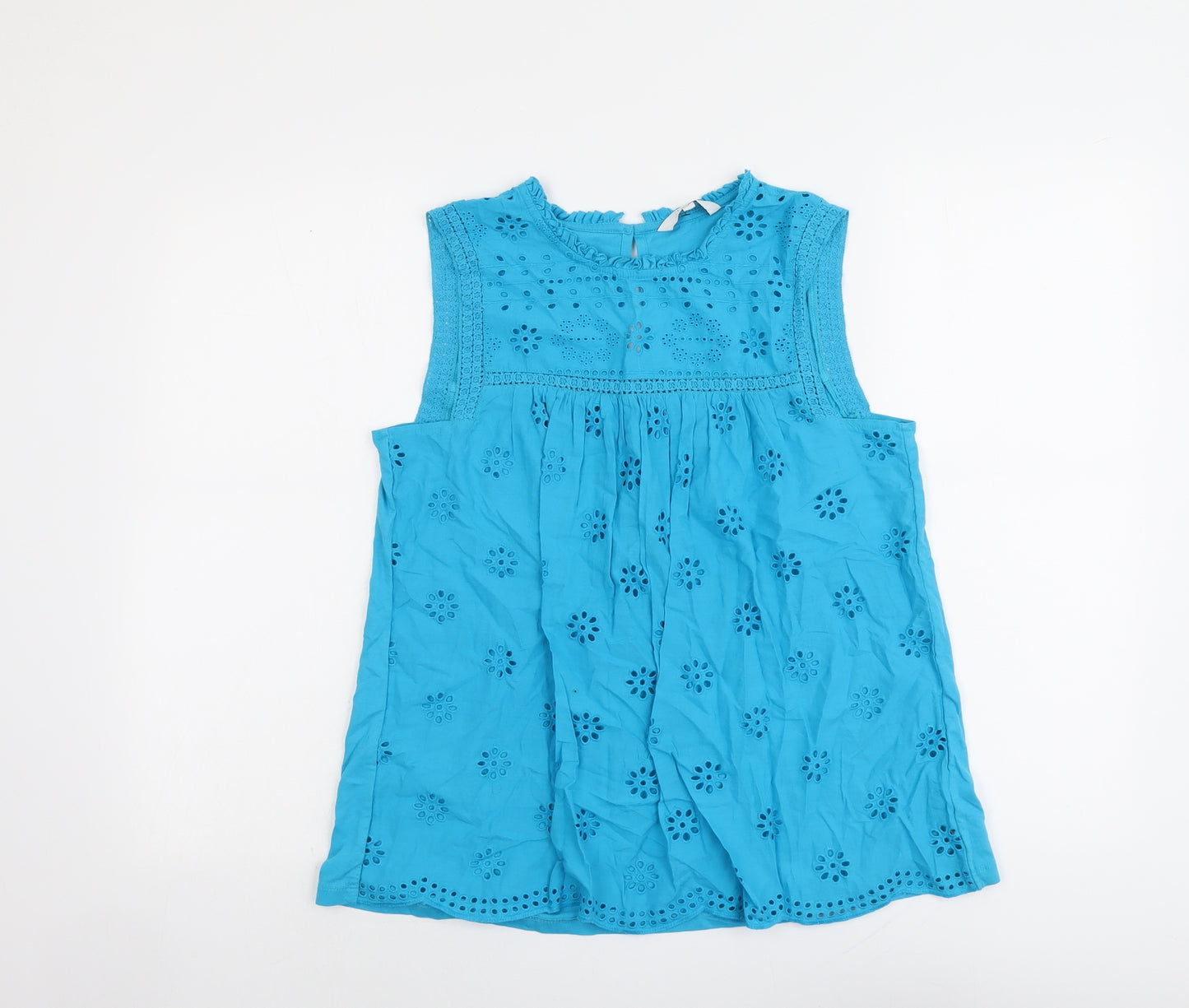 NEXT Womens Blue Cotton Basic Blouse Size 8 Round Neck - Broderie Anglaise