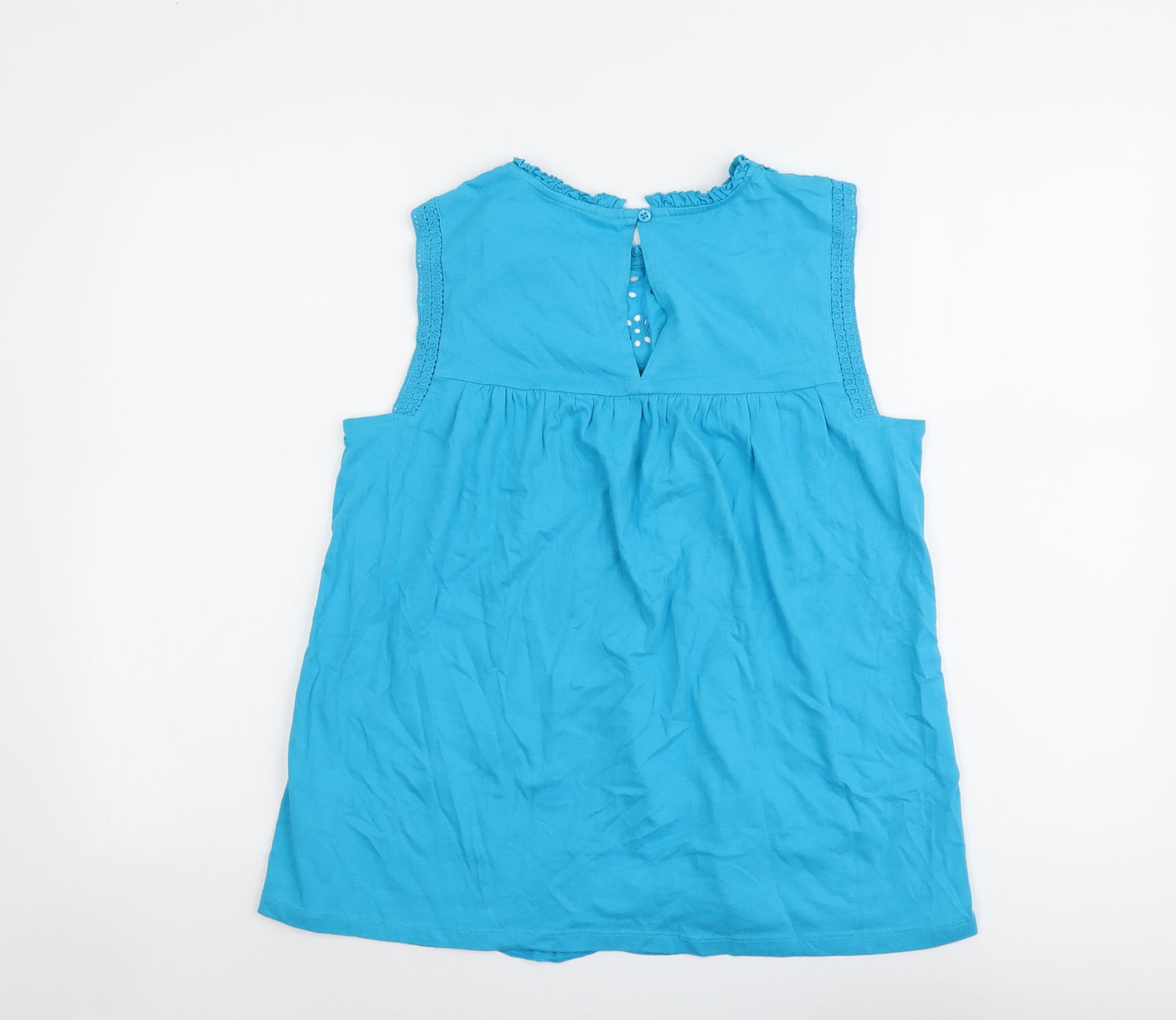 NEXT Womens Blue Cotton Basic Blouse Size 8 Round Neck - Broderie Anglaise