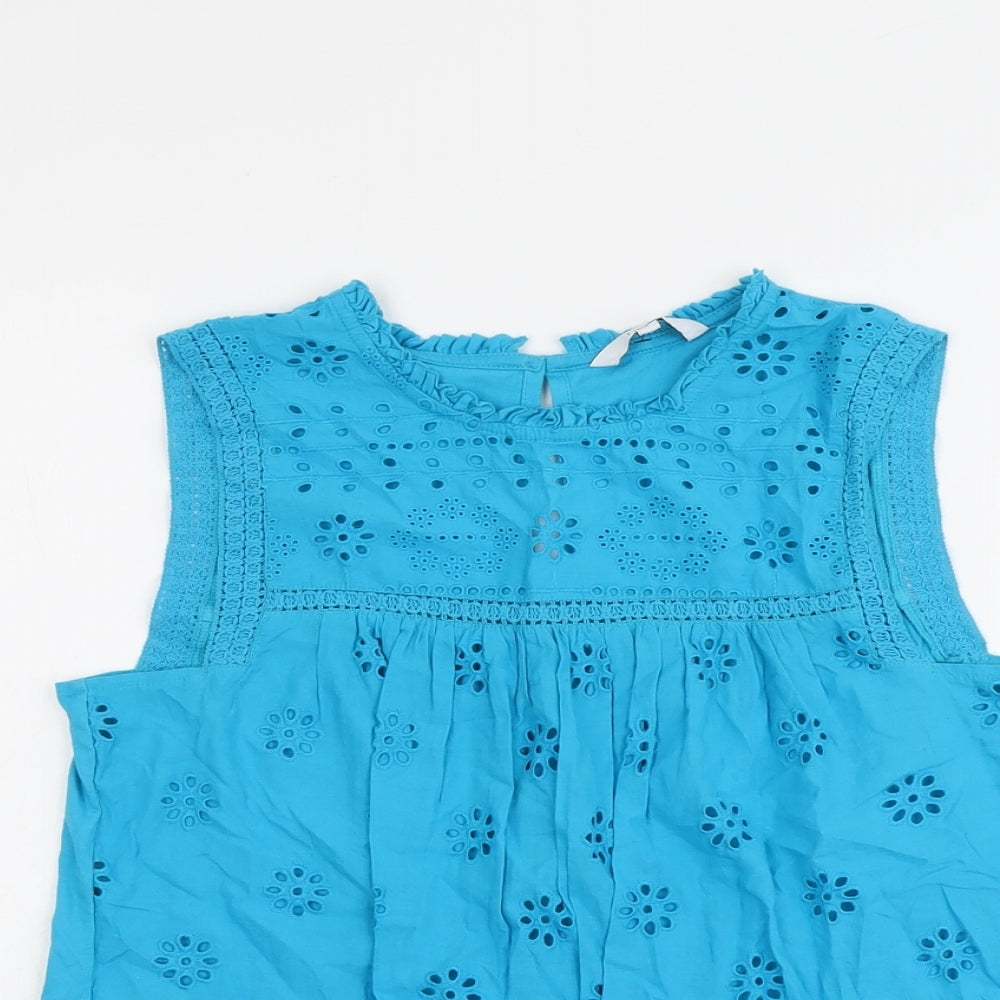 NEXT Womens Blue Cotton Basic Blouse Size 8 Round Neck - Broderie Anglaise