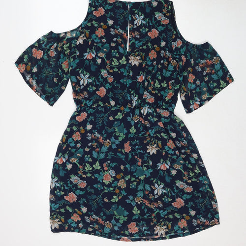 H&M Womens Blue Floral Polyester A-Line Size 16 V-Neck Button - Cold Shoulder