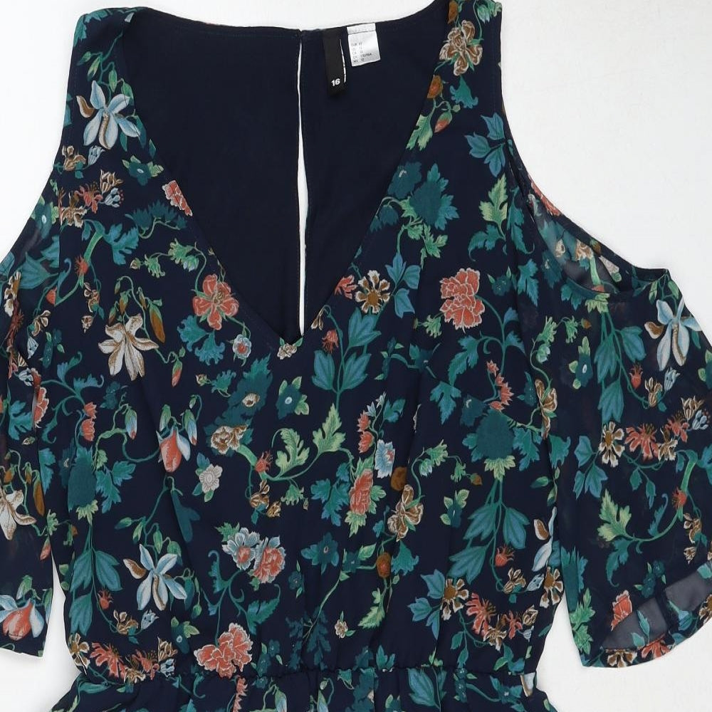 H&M Womens Blue Floral Polyester A-Line Size 16 V-Neck Button - Cold Shoulder