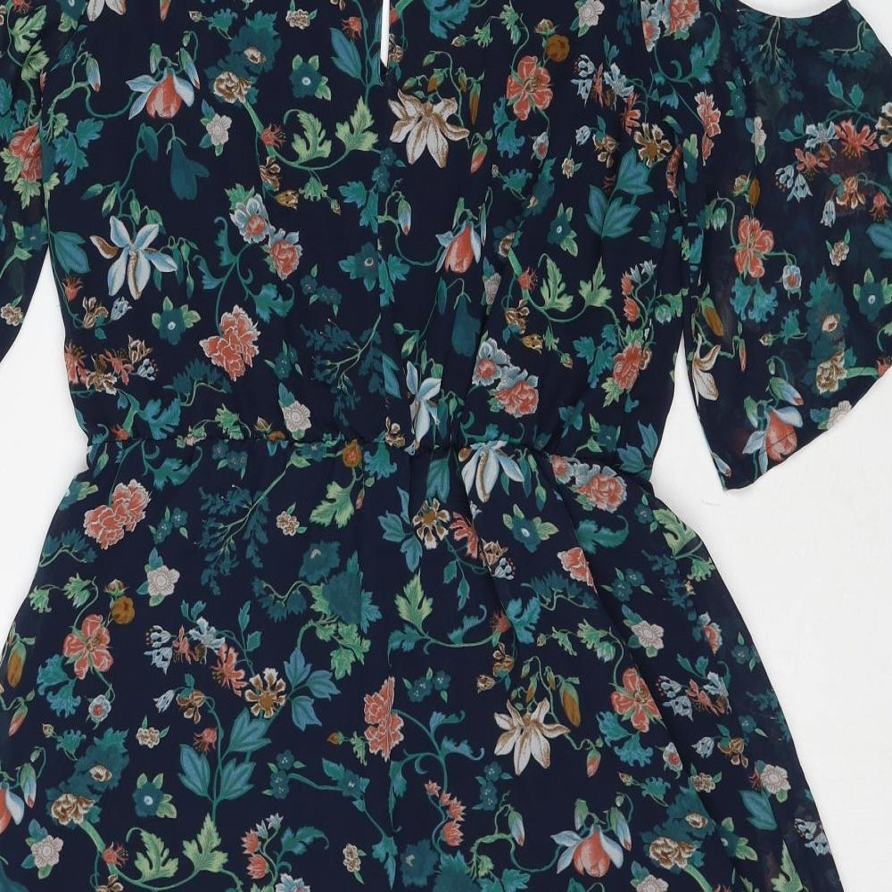 H&M Womens Blue Floral Polyester A-Line Size 16 V-Neck Button - Cold Shoulder