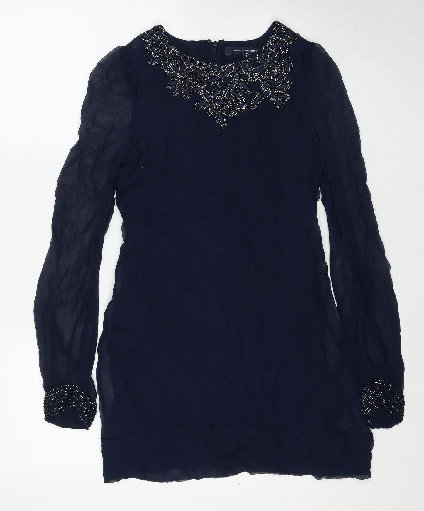 French Connection Womens Blue Floral Silk A-Line Size 10 Round Neck Zip