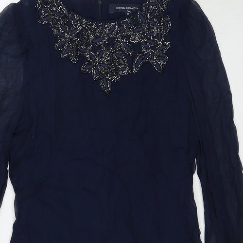 French Connection Womens Blue Floral Silk A-Line Size 10 Round Neck Zip