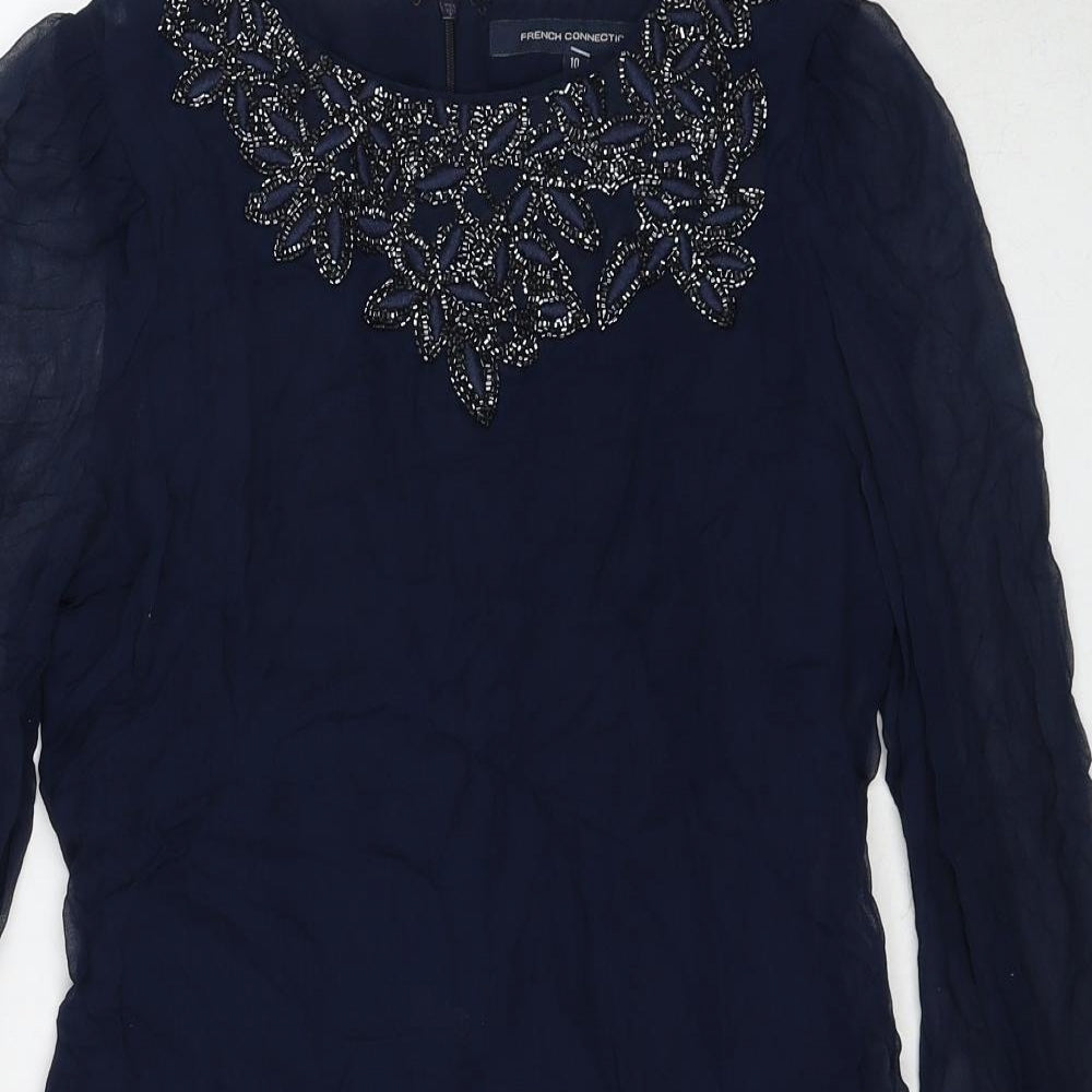 French Connection Womens Blue Floral Silk A-Line Size 10 Round Neck Zip