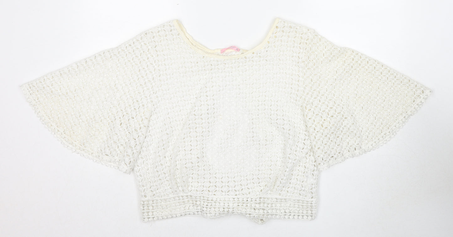 Fashion Womens White Polyester Basic Blouse Size XL Boat Neck - Open Back Angel Sleeve