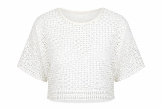 Front view of Fashion women’s white polyester basic blouse, size XL, boat neck - open back angel sleeve