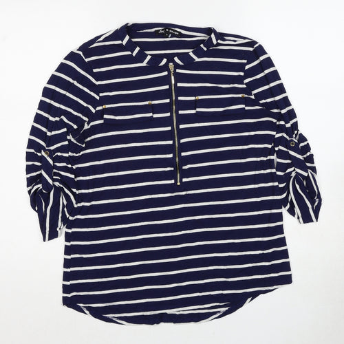 Cable & Gauge Womens Blue Striped Viscose Basic Blouse Size M Boat Neck