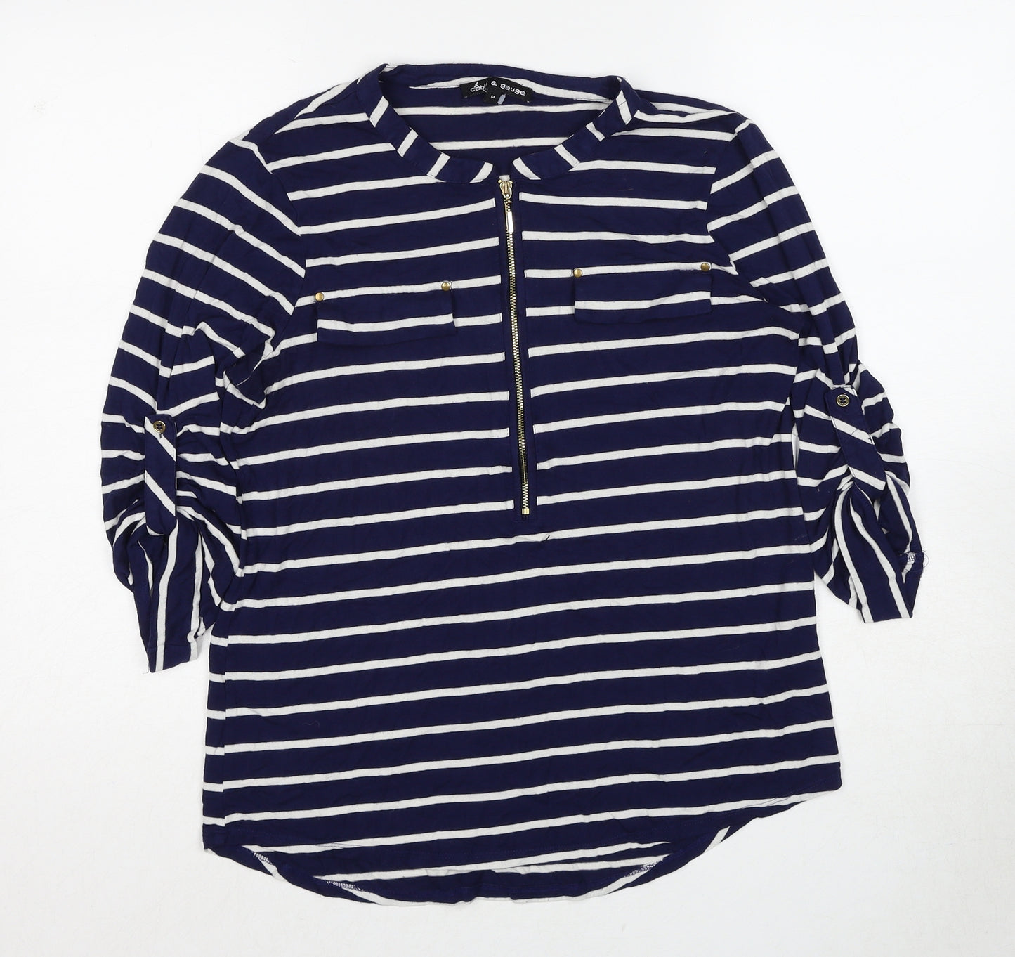 Cable & Gauge Womens Blue Striped Viscose Basic Blouse Size M Boat Neck