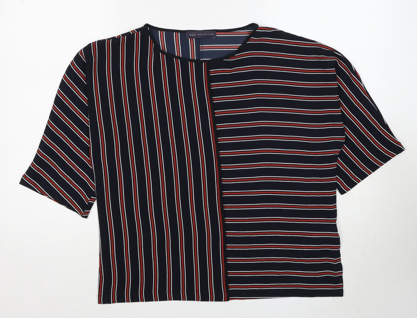 Marks and Spencer Womens Black Striped Polyester Basic T-Shirt Size 10 Round Neck