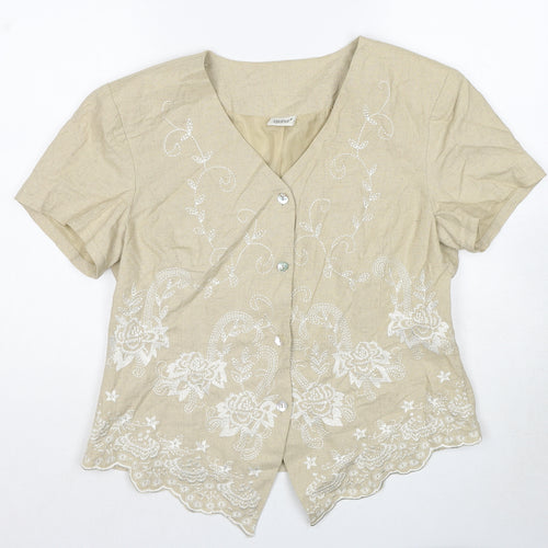 Together Womens Beige Floral Linen Basic Button-Up Size 16 V-Neck
