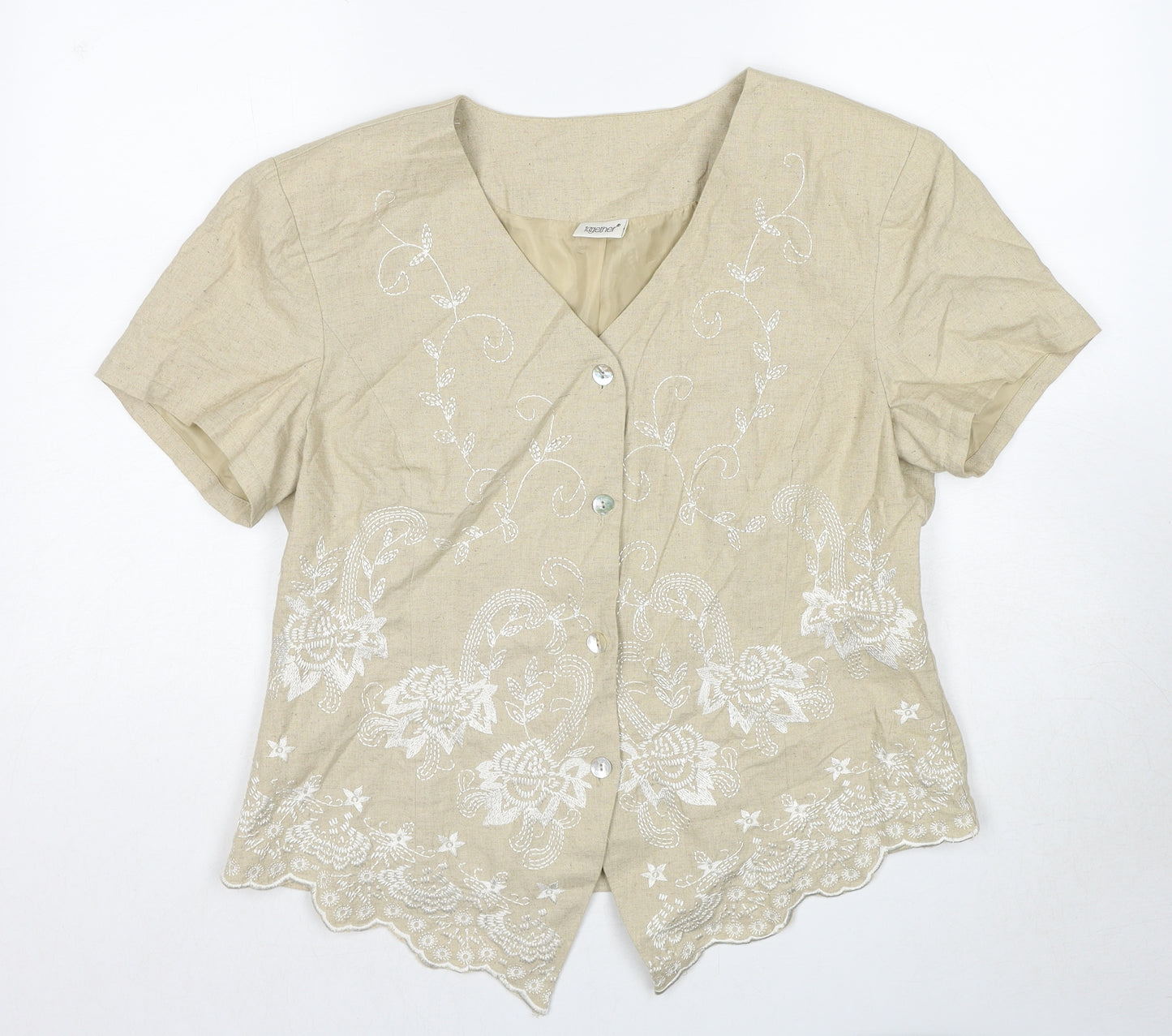 Together Womens Beige Floral Linen Basic Button-Up Size 16 V-Neck