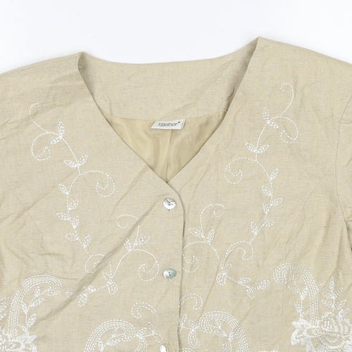 Together Womens Beige Floral Linen Basic Button-Up Size 16 V-Neck