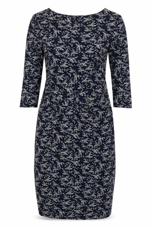 Front view of Warehouse women’s blue geometric viscose a-line, size UK 10, round neck pullover