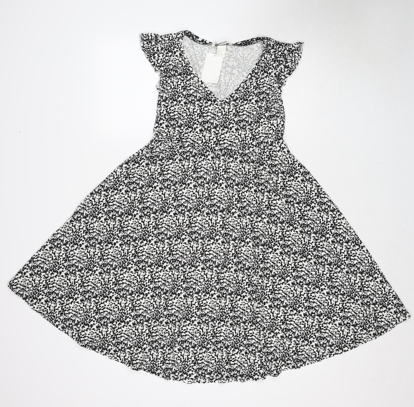 H&M Womens Black Geometric Viscose Trapeze & Swing Size S V-Neck Pullover