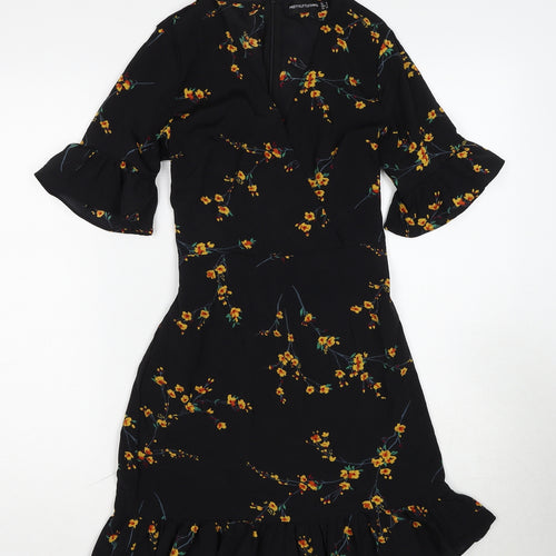 PRETTYLITTLETHING Womens Black Floral Polyester Skater Dress Size 6 V-Neck Zip