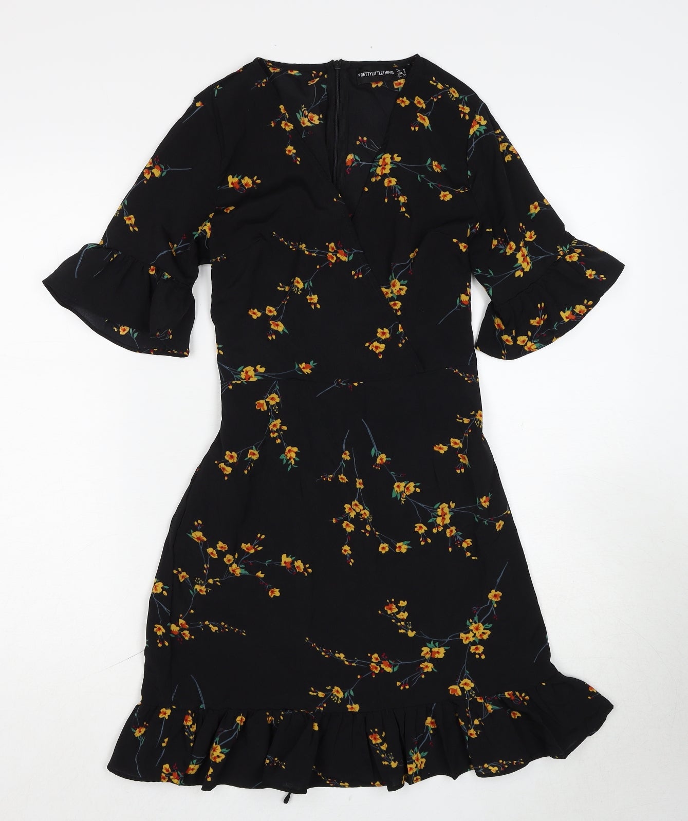 PRETTYLITTLETHING Womens Black Floral Polyester Skater Dress Size 6 V-Neck Zip