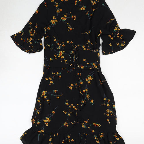 PRETTYLITTLETHING Womens Black Floral Polyester Skater Dress Size 6 V-Neck Zip