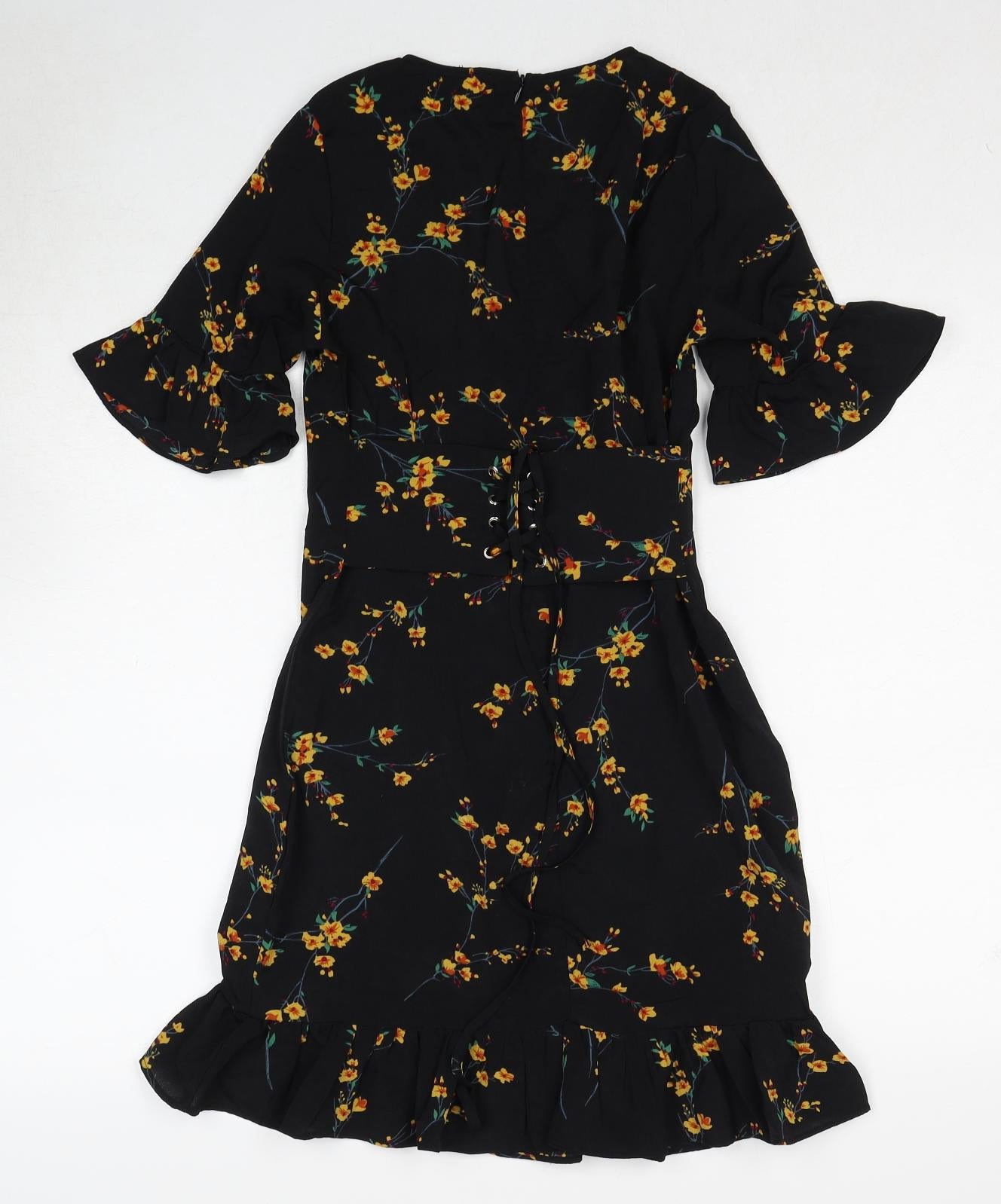 PRETTYLITTLETHING Womens Black Floral Polyester Skater Dress Size 6 V-Neck Zip
